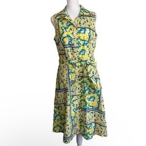 Chloe+Rene Lemon Print Retro 70s Style Fit and Flare Poplin Midi Sundress Sz S